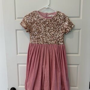 Mini Boden Pink and Gold Sequin A-line Dress for Wedding Guest